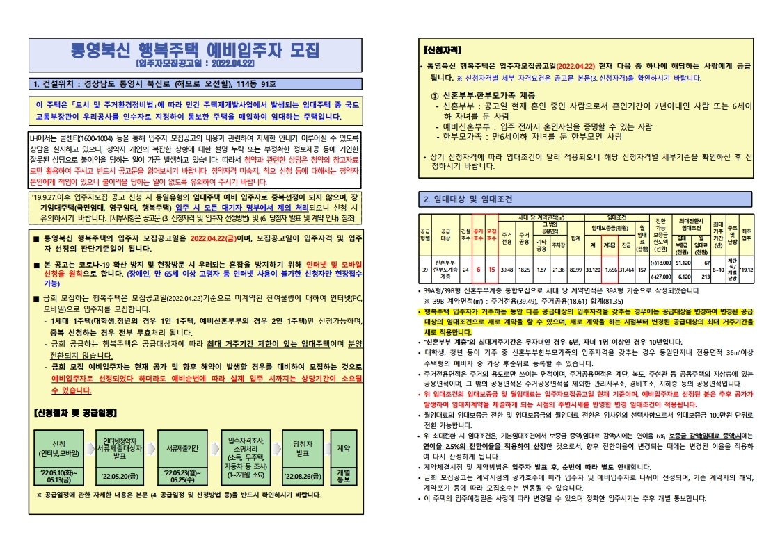  통영북신 행복주택 예비입주자 모집 공고문(22.04.22)