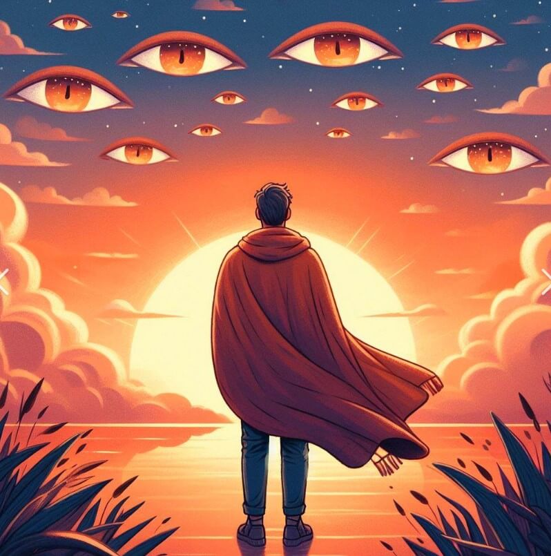 가운데 당당히 서있는 사람과 주변에 수많은 시선들
