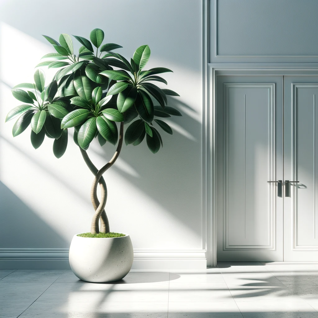 밝은 햇살이 비치는 현대적인 방 안에 우아하게 자리잡은 금전수&#44; 주변의 평온함과 번영을 상징하며 식물의 무성한 녹색 잎사귀와 꼬인 줄기가 눈에 띕니다.