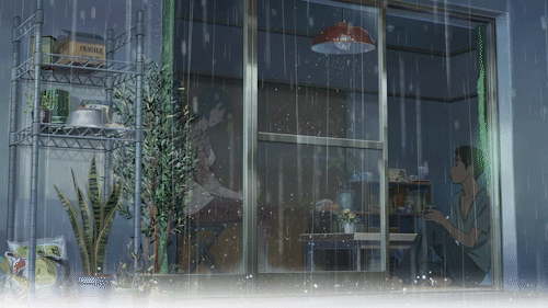 비 내리는 창가에 앉아 있는 타카오와 유키노