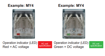 오므론 렐레이는 코일의 전압에 따라 LED표시등의 색상이 다름니다AC는 빨강색&#44;DC는 녹색 LED 로 구분하는 사진입니다.