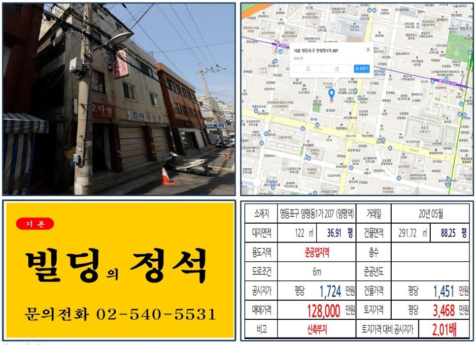  [영등포구 10억 꼬마빌딩 실거래가 조회] 양평동1가 207 (양평역) 12.8억 원, 평당 3,468만 원 매매되었습니다. 영등포중흥S클래스아파트, 양남사거리