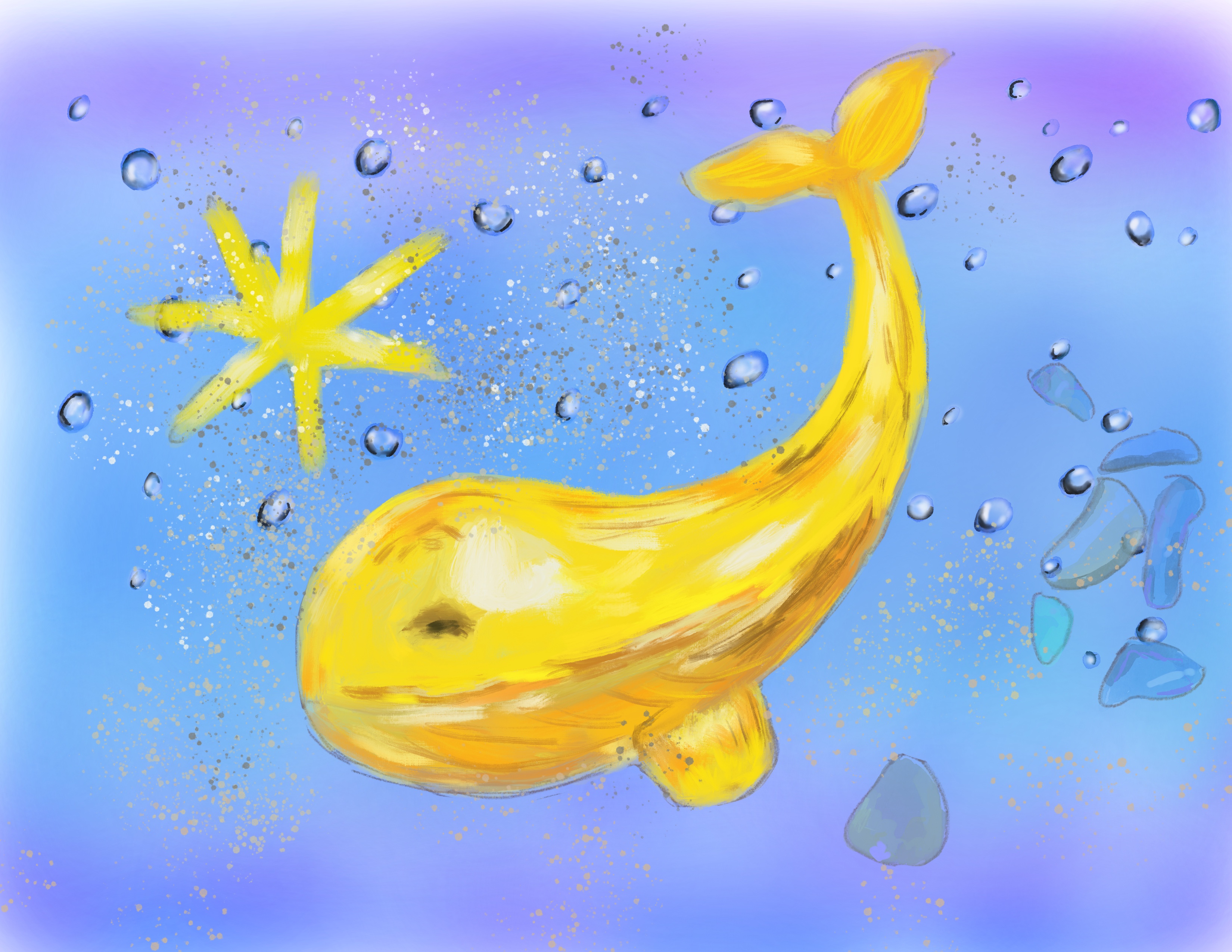  고래 창작 그림,  프로크리에이트 태블릿 그림, 황금 고래