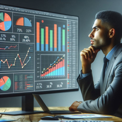 데이터 분석 화면을 통해 그래프와 차트를 살펴보는 사람의 모습입니다.