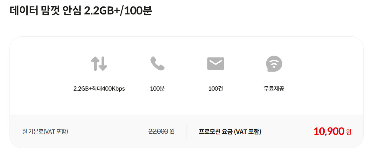 데이터 맘껏 안심 2.2GB+/100분