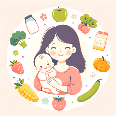 A mother holding her baby&#44; smiling and surrounded by healthy foods&#44; representing a nutritious diet for breastfeeding mothers.