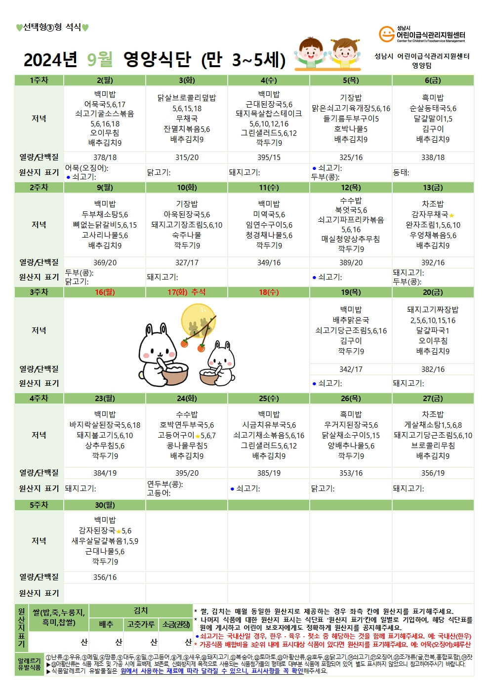 어린이집 유아반 석식 식단표