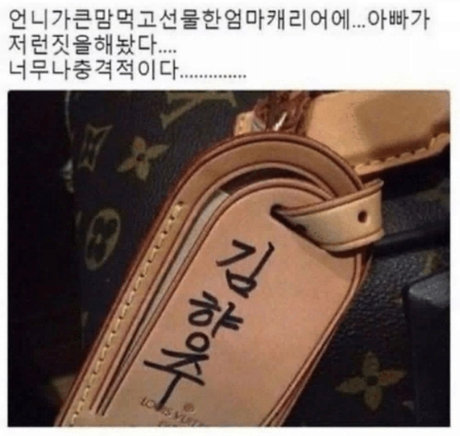  언니가 큰 맘 먹고 선물한 캐리어에 이름 써준 아빠