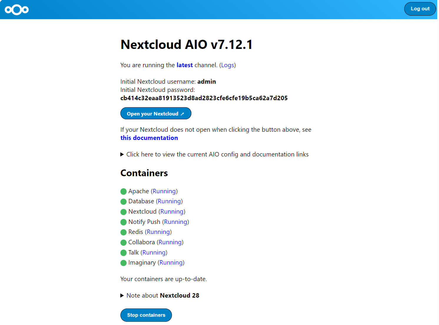 Nextcloud 설치 완료 화면&#44; username / password 복사 후 Open your Nextcloud 버튼 클릭