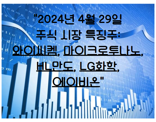 2024년 4월 29일 주식 시장 특징주: 와이씨켐&#44; 마이크로투나노&#44; HL만도&#44; LG화학&#44; 에이비온