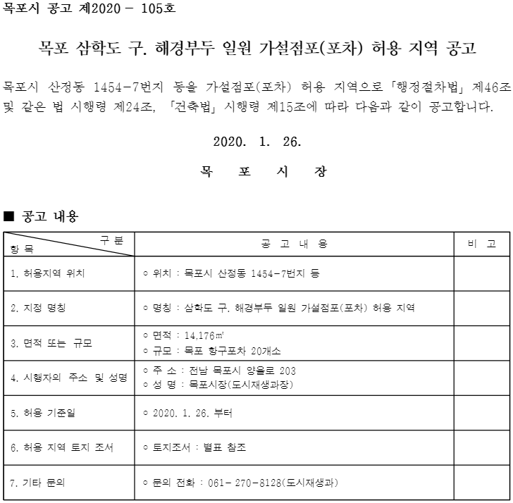  목포 삼학도 구 해경부두 일원 가설점포(포차) 허용 지역 공고