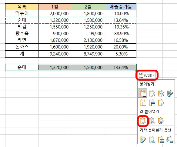 엑셀 서식 복사 붙여넣기의 컨트롤 버튼 눌렀을 때 나오는 화면