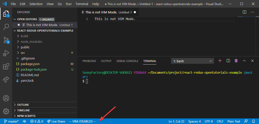 vscode-vim-extension-disabled-상태-스크린샷