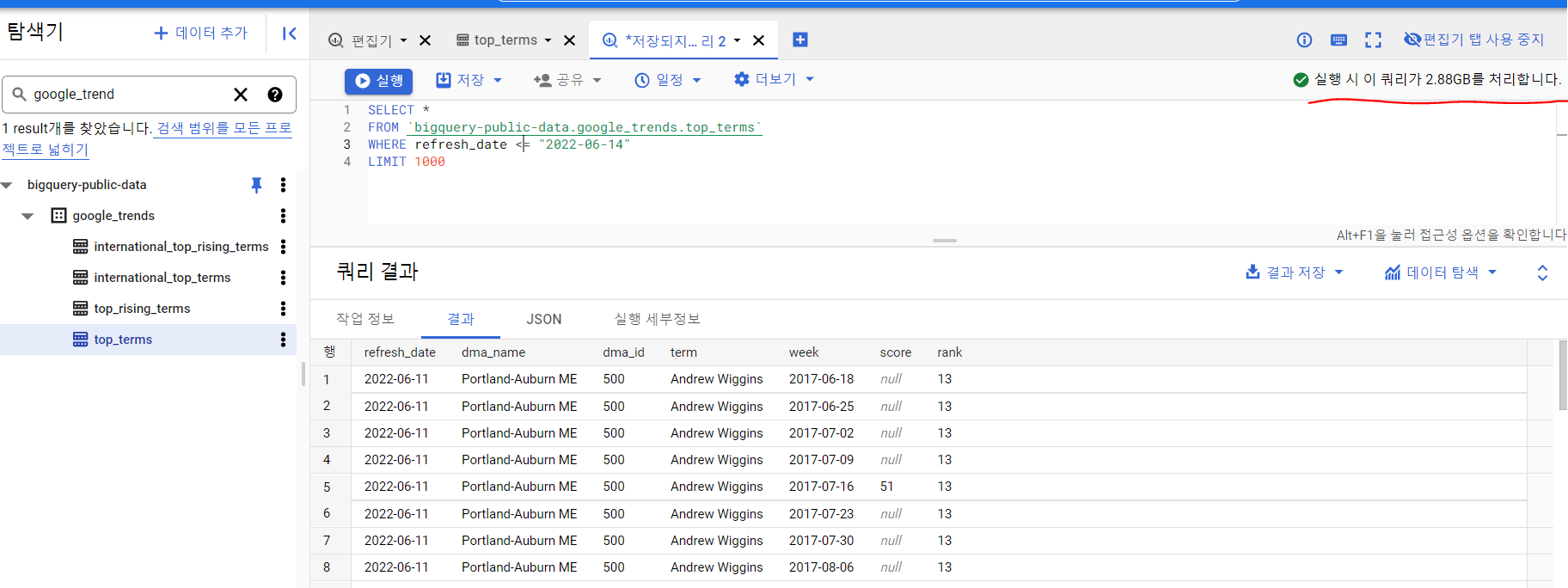 Query 사용 리소스 확인 방법