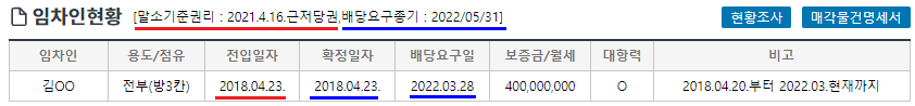 경매정보지의 전입신고 확정일자 배당신청을 제대로 한 경우의 사진