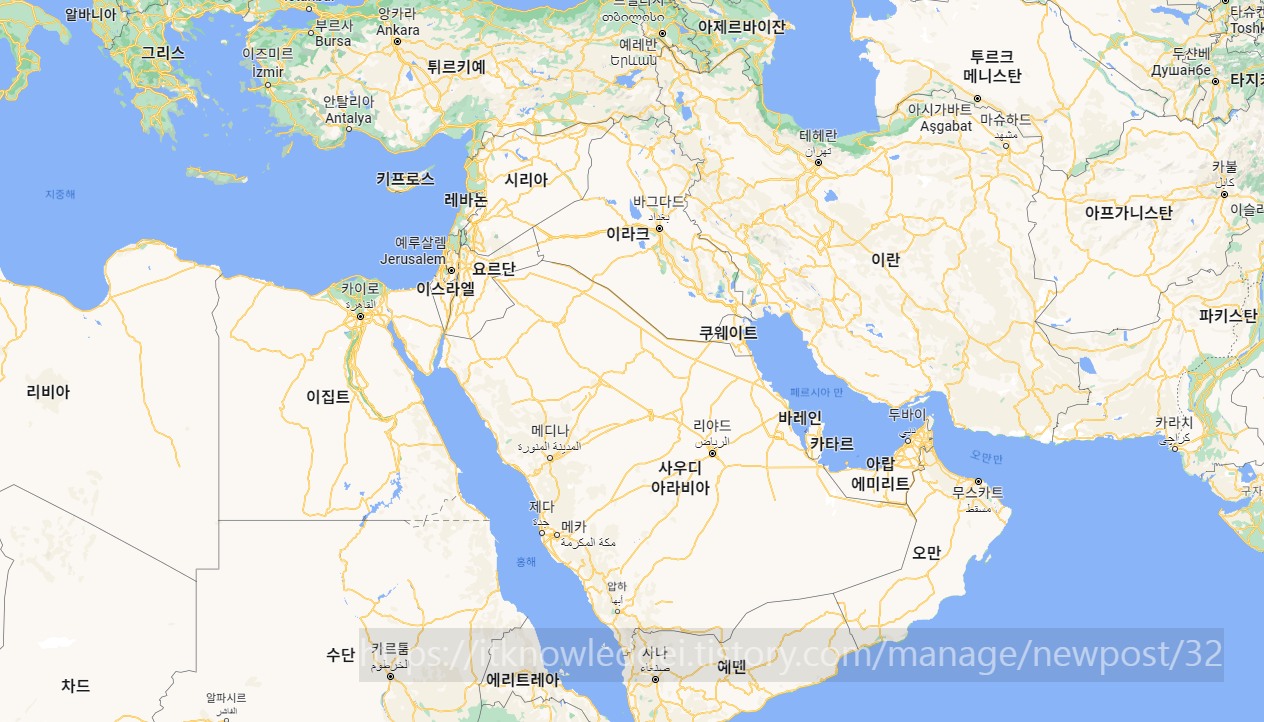 중동 지역 지도 ; 이스라엘 예루살렘 이집트 레바논