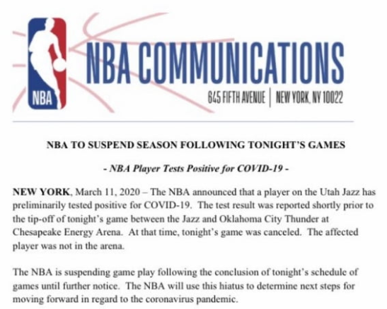  톰행크스 확진, NBA 리그 중단 : 심리악화