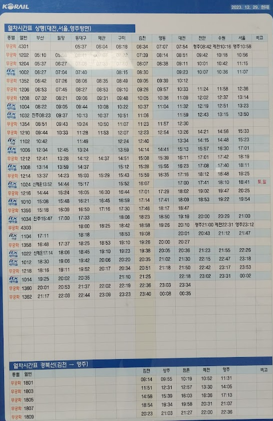김천역 경부선 경북선 시간표