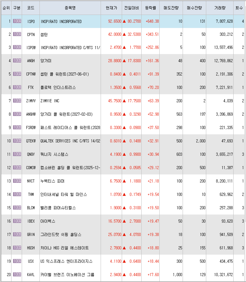  2월17일 미국주식 상승률 상위 종목 TOP 300