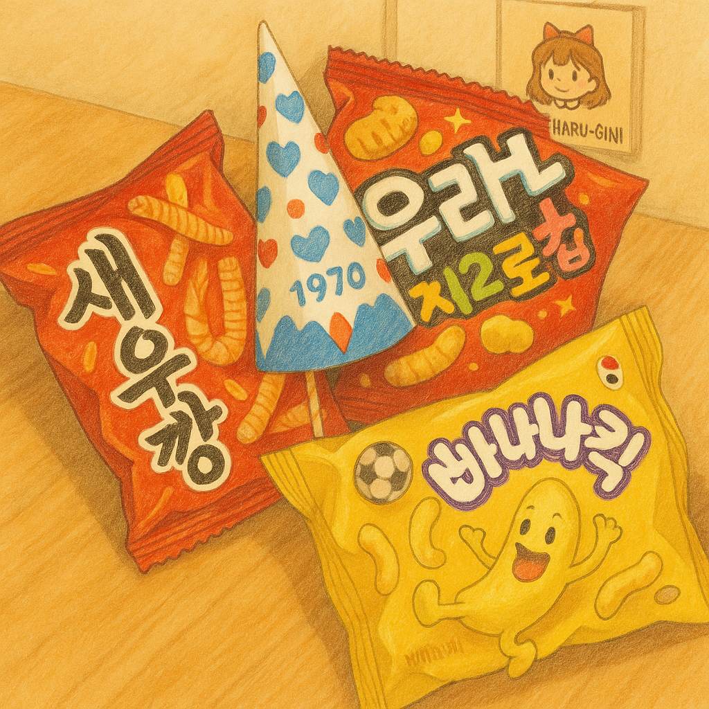 아들이 사온 새우깡, 브라보콘, 짱구, 바나나킥 과자 일러스트. Snacks illustration with K-Saewookkang, Bravo Cone, Jjanggu, and Banana Kick.