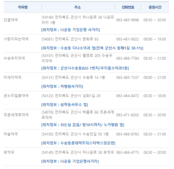 군산24시운영약국리스트