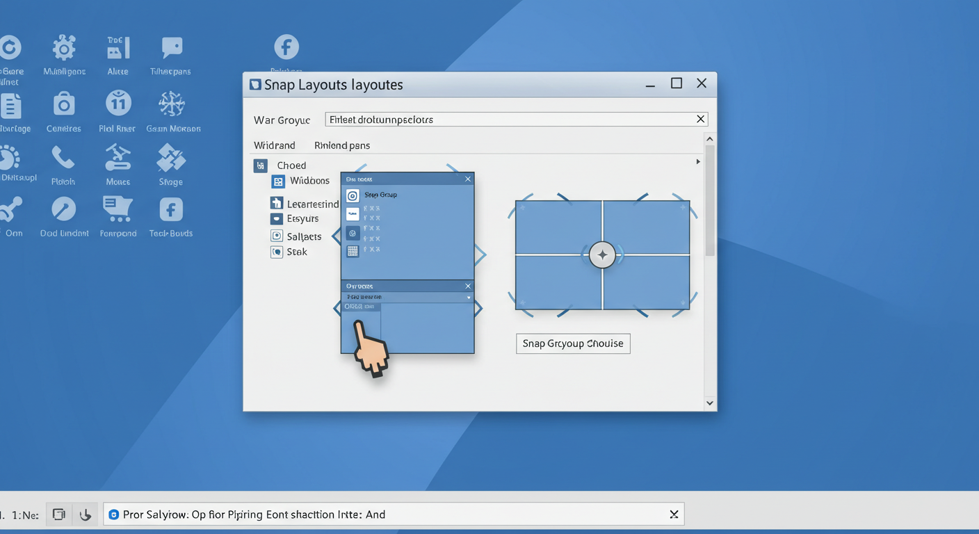 (Image Prompt: Animation or sequence screenshot showing the Snap Layouts feature in Windows 11. Mouse hovering over the maximize button reveals the layout options, then shows windows snapping into a chosen multi-pane layout. Also shows the Snap Group appearing on the taskbar. Style: Informative GIF or sequence.)