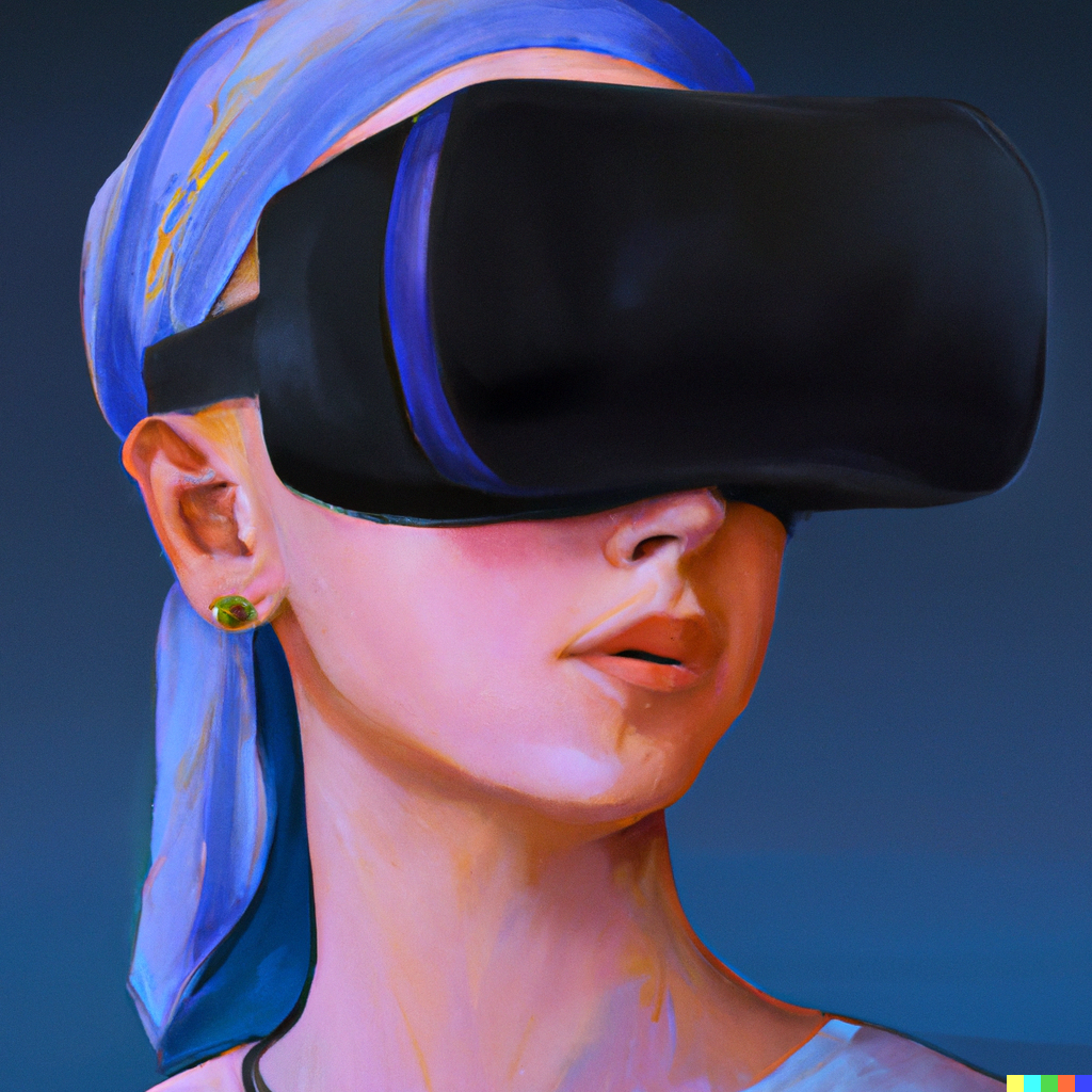 Painting of a girl wearing a VR headgear&#44; style of Girl with a Pearl Earring