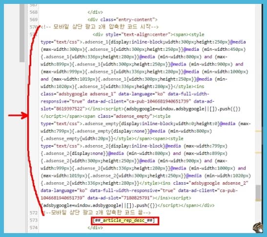 div와 치환자 사이에 광고 코드를 삽입한 모습