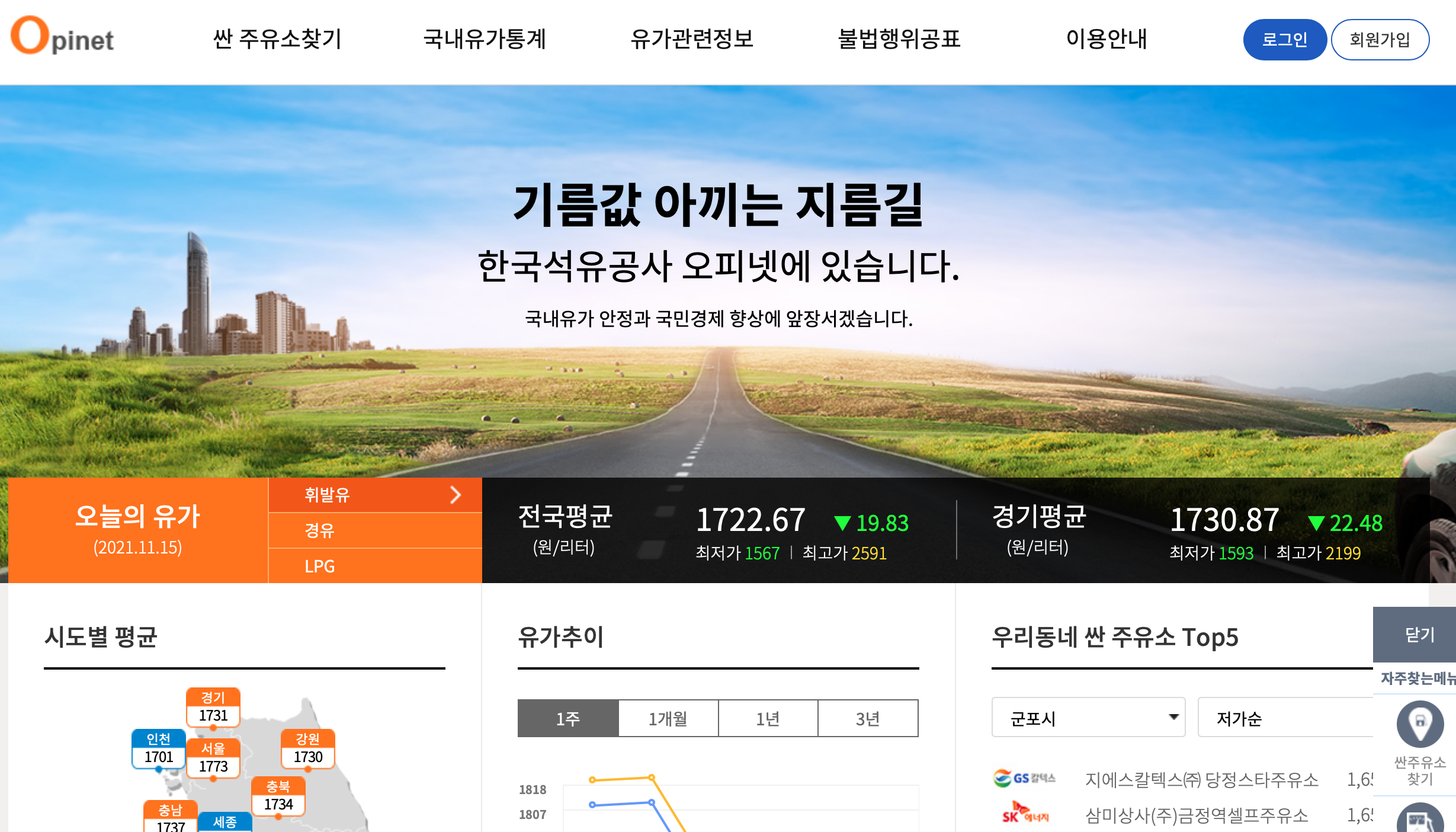 오피넷-싼-주유소-찾기-홈페이지-메인화면