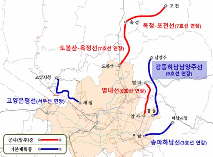 9호선 연장 남양주선 노선및 계획중인 노선들