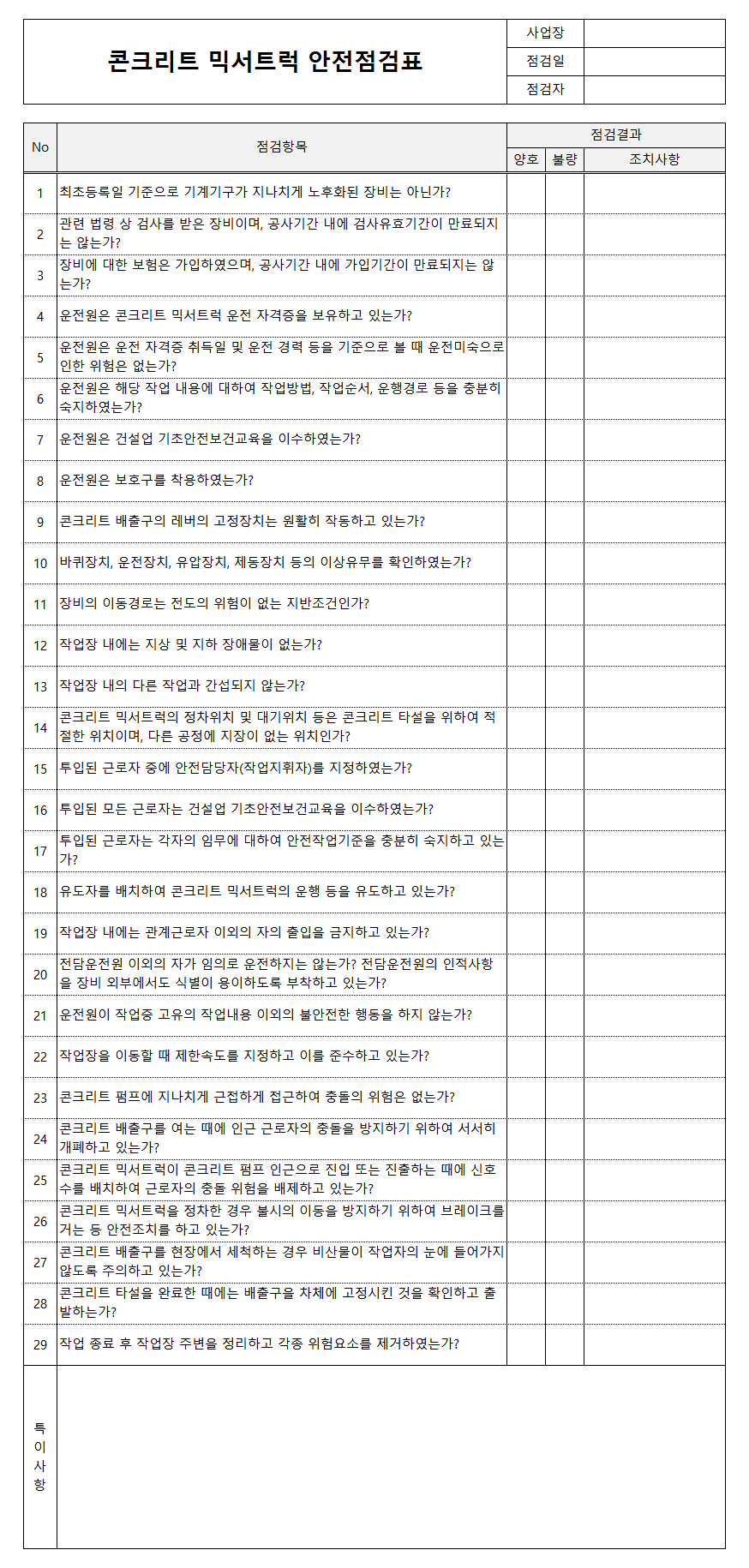 콘크리트 믹서트럭 안전점검표