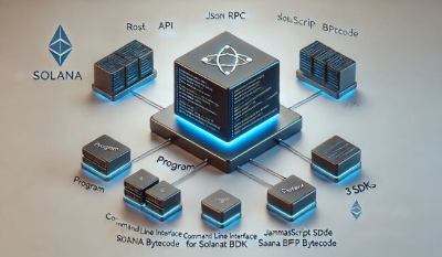 솔라나 스마트 계약 아키텍처를 3D로 나타낸 다이어그램. 솔라나 네트워크 노드와 JSON RPC API, 프로그램 요소(Rust, C, C++), 클라이언트 요소(Command Line Interface, JavaScript SDK, Rust SDK)로 구성된 구조를 보여줍니다.