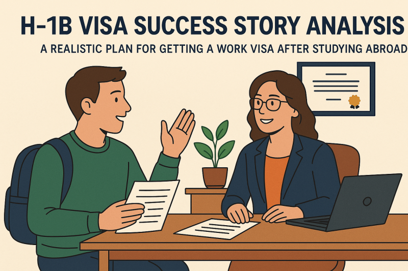 An illustrated student speaking with a professional about the H-1B visa application process, representing a real-life work visa success plan.