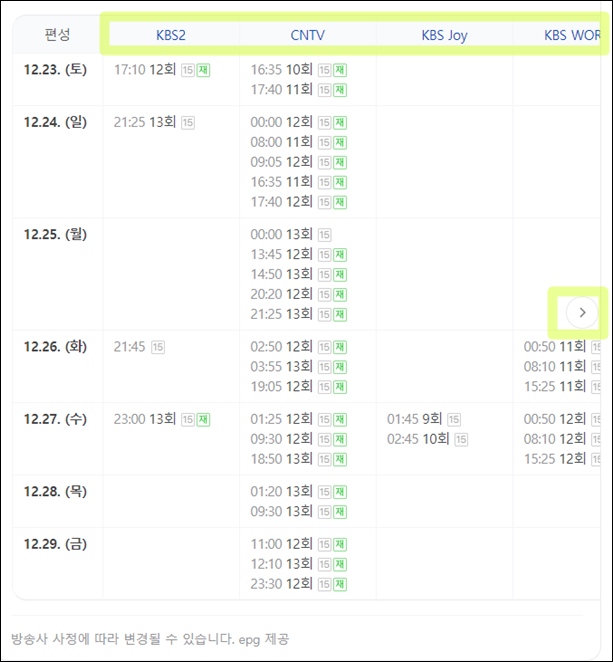 고려거란전쟁 재방송 12월 편성표/ 이미지 : 네이버