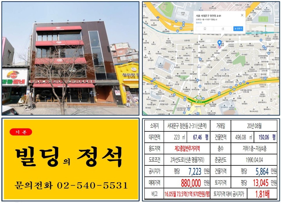  [서대문구 명물거리 80억 프랜차이즈 커피숍 꼬마빌딩 실거래가 조회] 창천동 2-31 (신촌역) 88억 원, 평당 1억 3,045만 원 매매되었