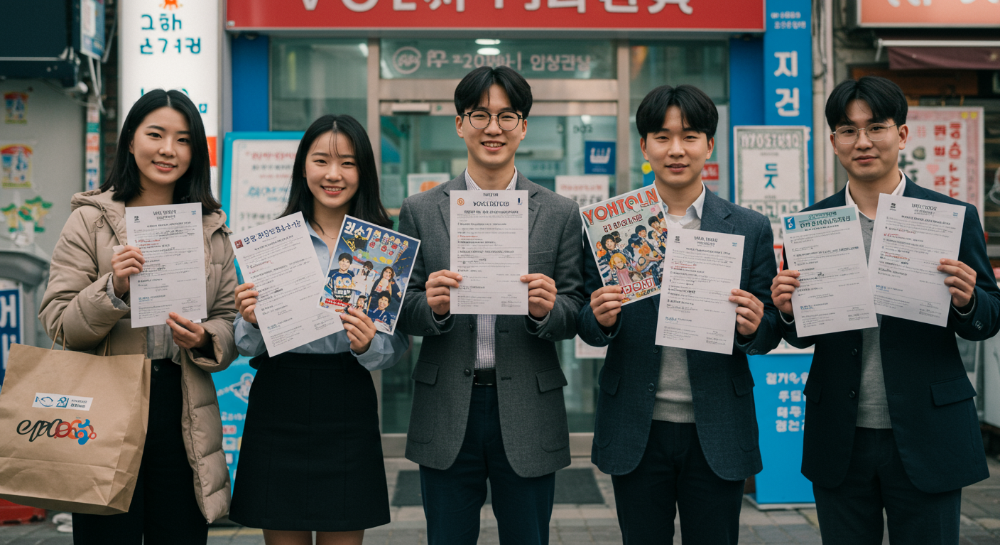 2025년 제21대 대통령선거에서 투표인증종이를 들고 즐겁게 투표에 참여하는 MZ세대들의 모습. 각자 좋아하는 캐릭터와 팬덤을 나타내는 개성 있는 인증종이를 들고 있는 모습에서 새로운 투표 문화의 활기찬 분위기를 느낄 수 있다.