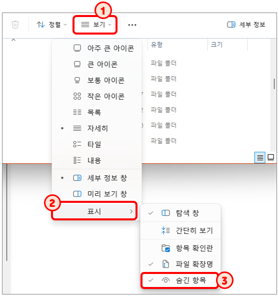 Windows11의 파일 탐색기에서 '숨김 항목' 체크하기