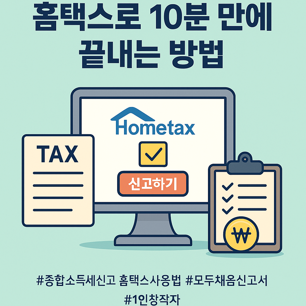 홈택스에서 종합소득세 신고를 빠르게 완료하는 방법을 소개하는 디지털 일러스트