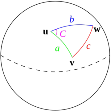 Spherical triangle solved by the law of haversines