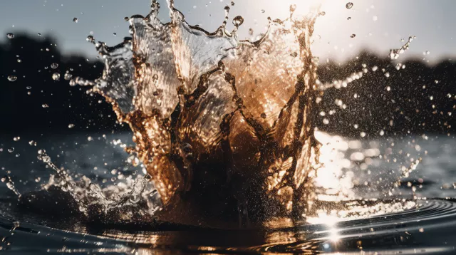 water splash&#44; with sparkling&#44; crisp radiant reflections&#44; sunlight gleaming&#44; Canon 35mm lens&#44; hyperrealistic photography&#44; style of unsplash --v 5 --ar 16:9(upscale)