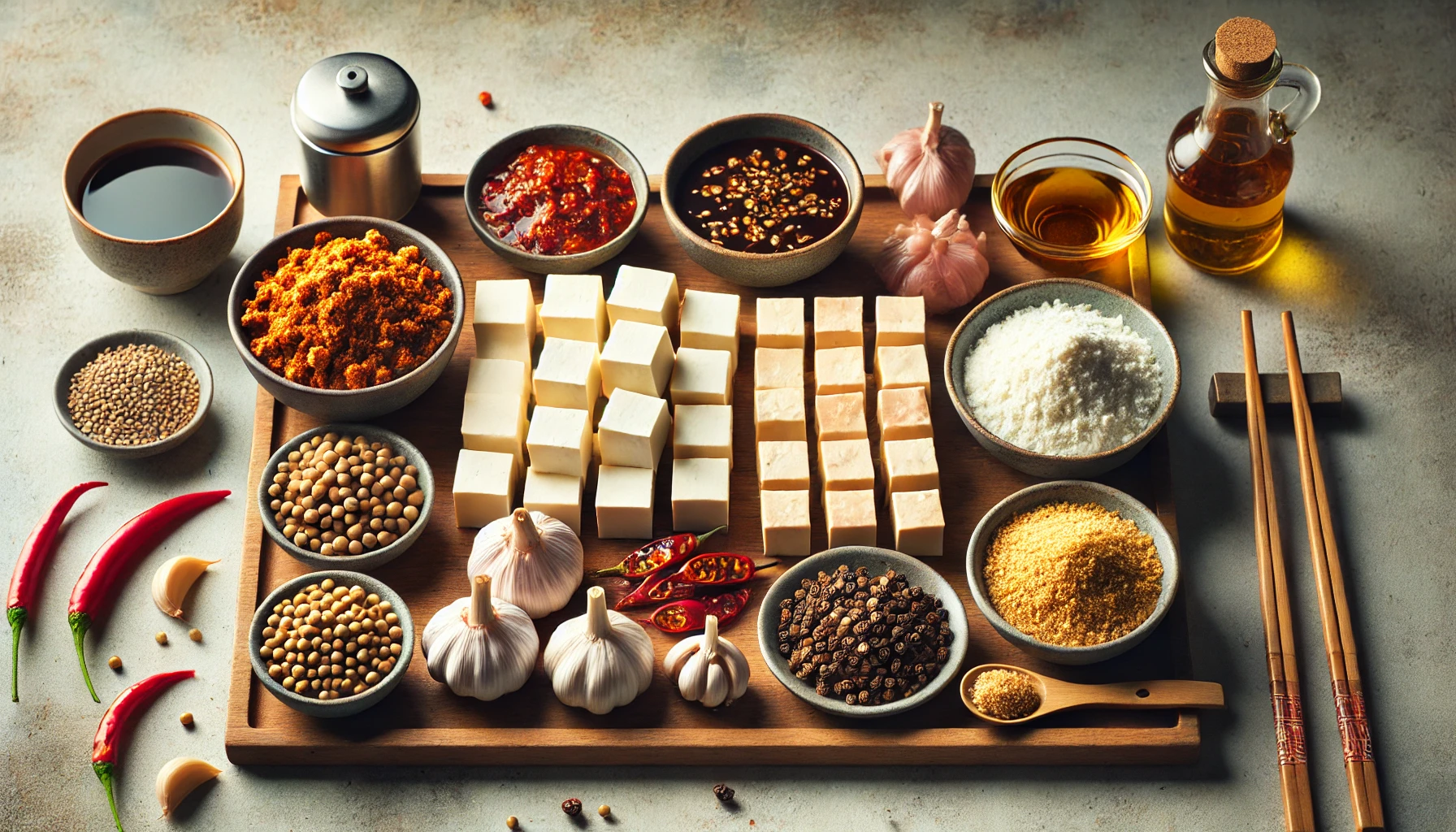 마파두부 원재료, 개별적으로 정리된 신선한 재료들