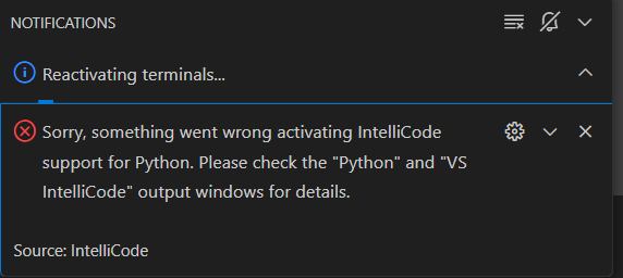 VS Code에서 IntelliCode 확장 기능 에러