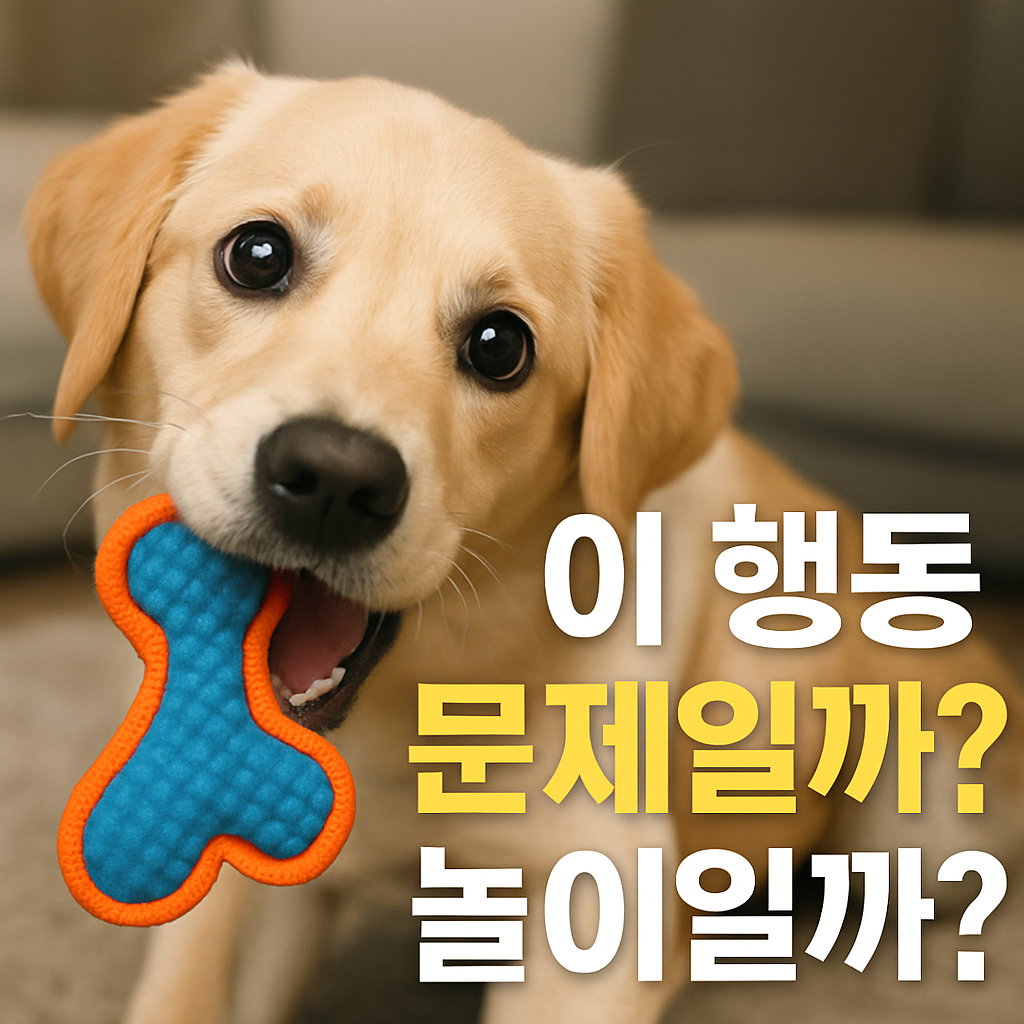 새끼 강아지가 장난감을 물고 누군가를 쳐다보는 듯한 사진