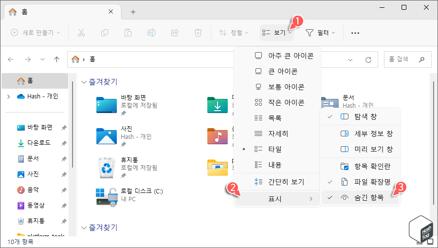 파일 탐색기 > 보기 > 표시 > 숨긴 항목