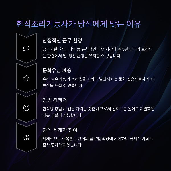 한식조리기능사의 장점

안정적인 근무 환경

전통 음식 전문성

한식 전문점 창업 가능성

문화유산 보존에 기여