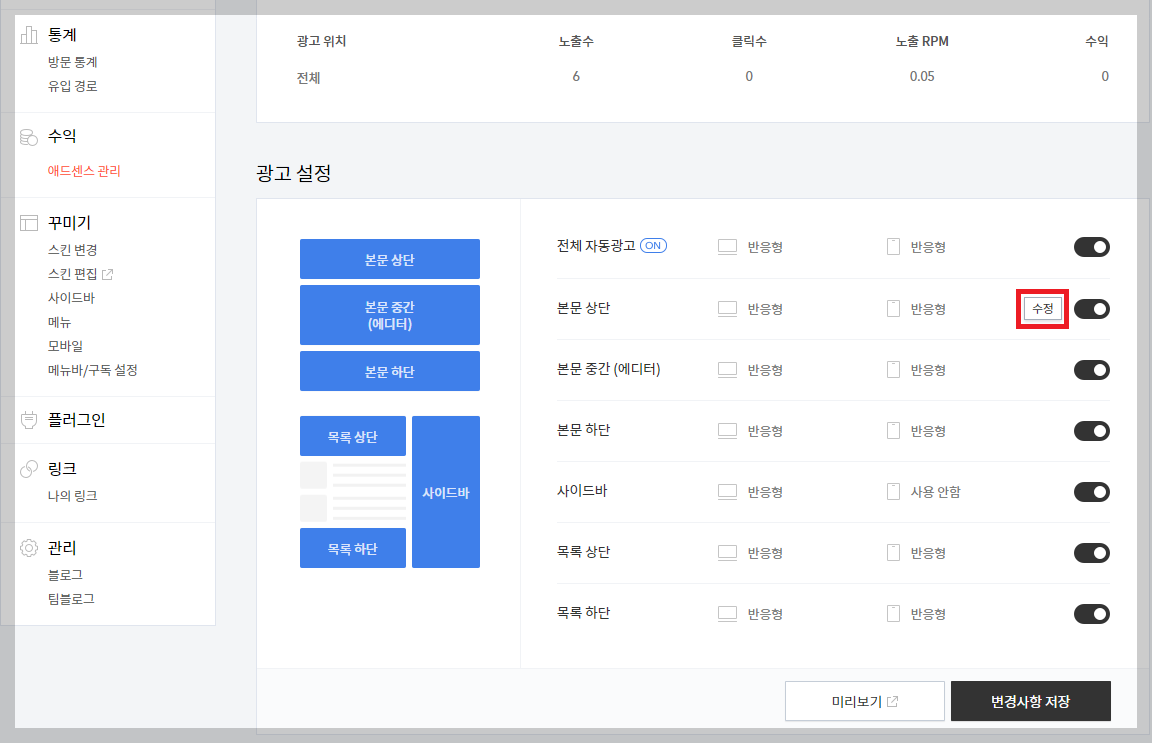 티스토리 블로그 구글애드센스 설정 방법
2. 광고 설정 본문에 마우스 호버를 하여 수정 버튼 클릭