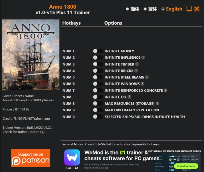  [트레이너] 한글판 아노 1800 v1.0-v15 Plus 11 최신 트레이너 Anno 1800 v1.0-v15 Plus 11 Trainer