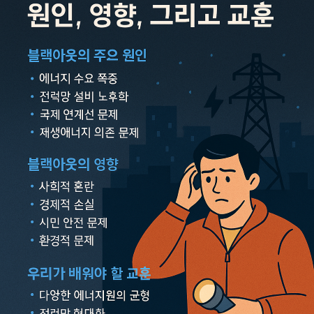 스페인 전력 블랙아웃의 원인, 영향, 교훈을 설명하는 한국어 인포그래픽으로, 어두운 도시 배경과 손전등을 든 걱정스러운 남성 일러스트가 함께 있는 이미지