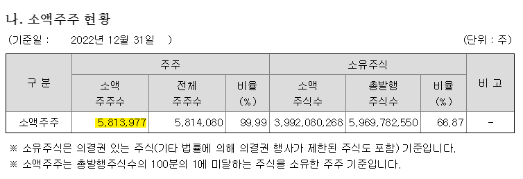 2022년 사업보고서 기준 삼성전자 소액주주수