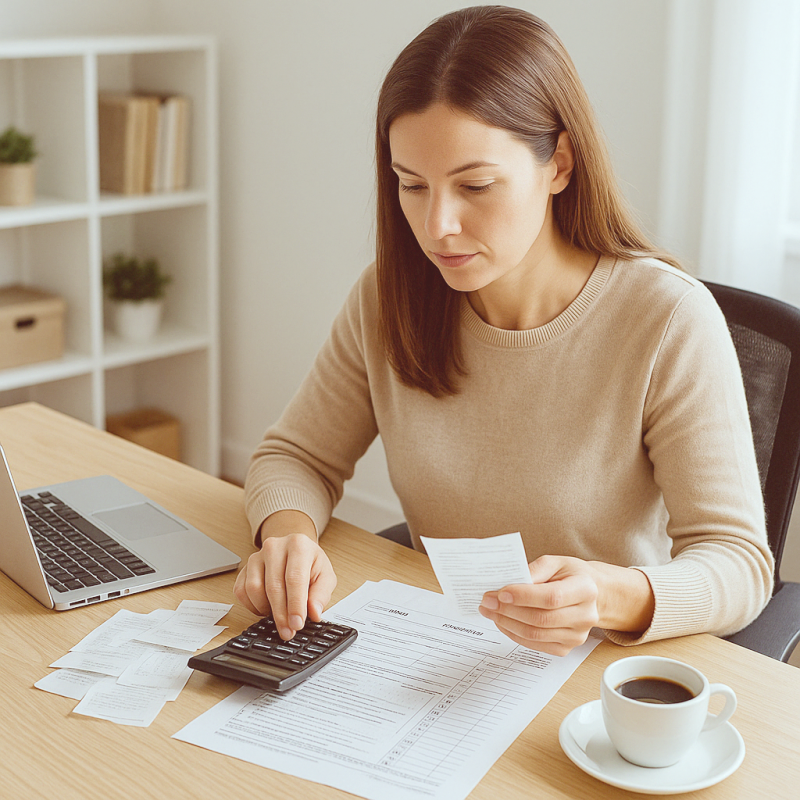 self-employed woman calculating taxes at home using receipts and forms for IRS Schedule C in 2025